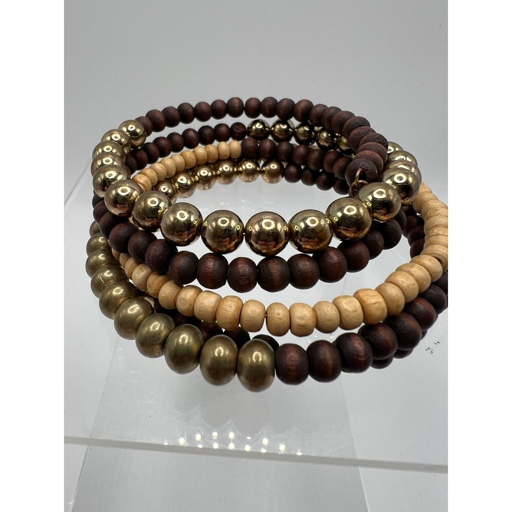 Wood Metal Bead Wrap‎ Bracelet Boho Minimalist Earthy Brown Gold Tone OS
